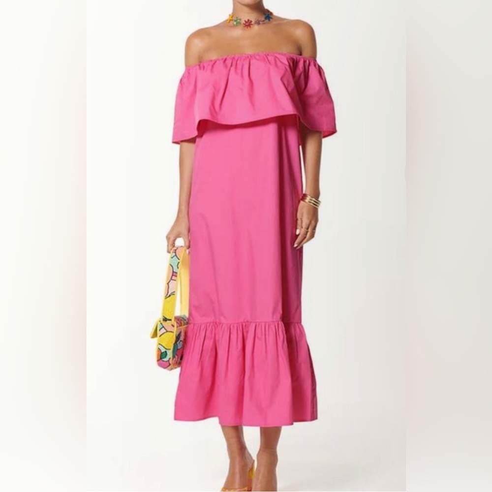 Never Fully Dressed Bubblegum Pink Off Shoulder Ruffle Midi Dress Wedding Guest